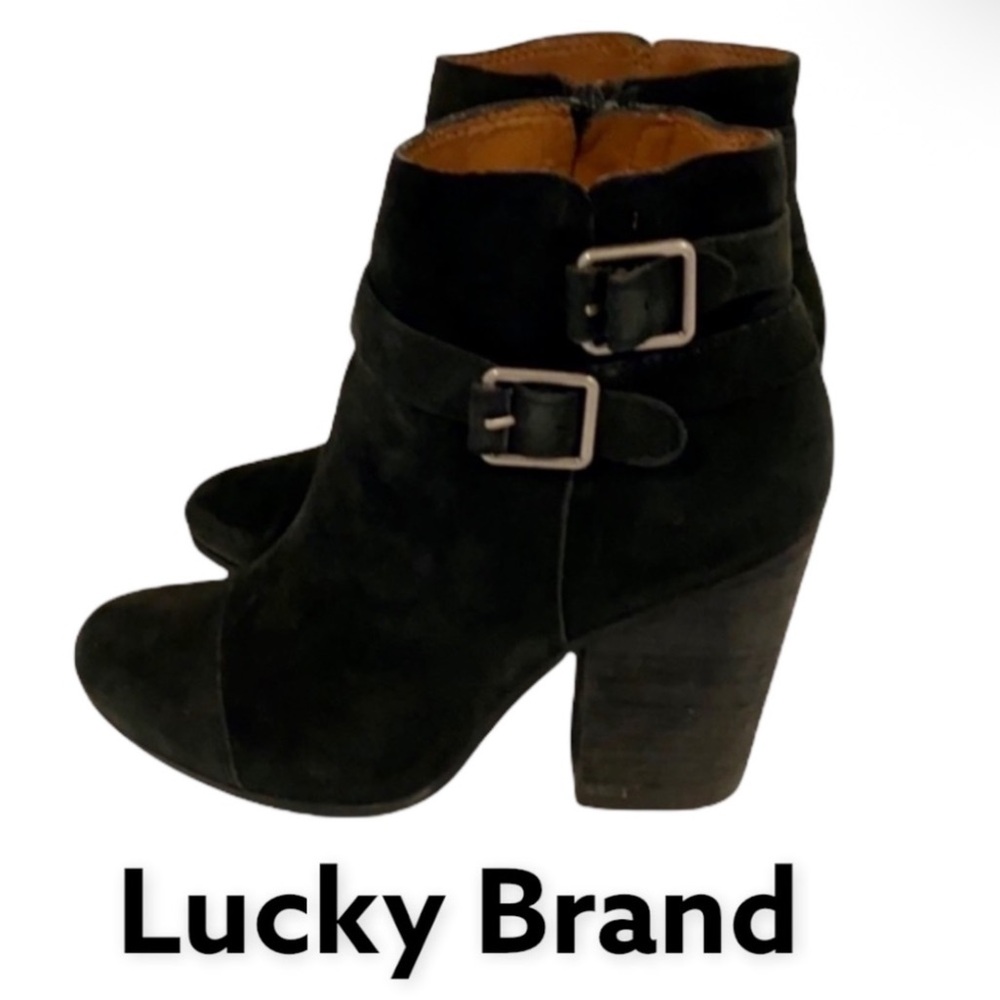 Authentic Lucky Brand black suede designer ankle boots Sz 8.5
